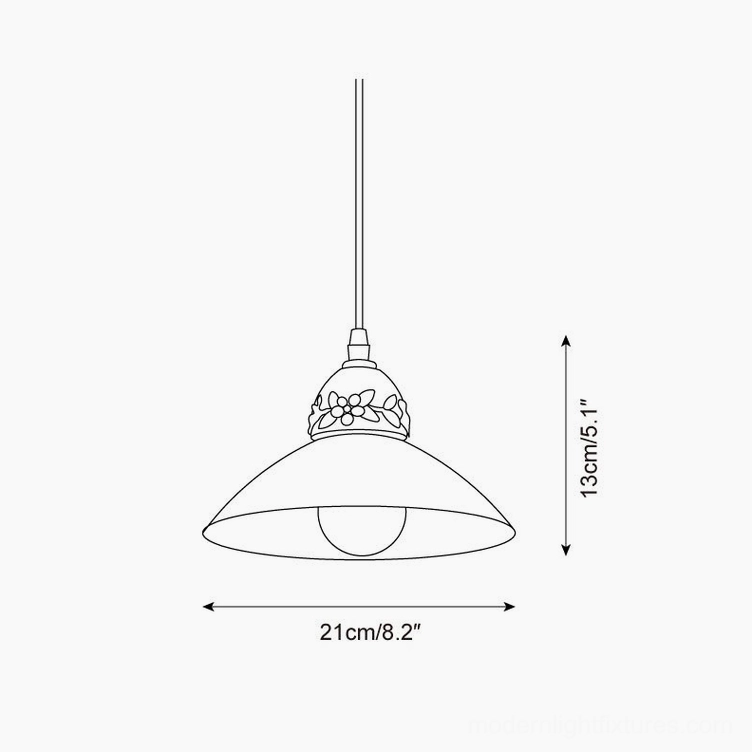 Hand-painted ceramic conical pendant light technical schematic orthographic sketch, 21cm width 13cm height specifications