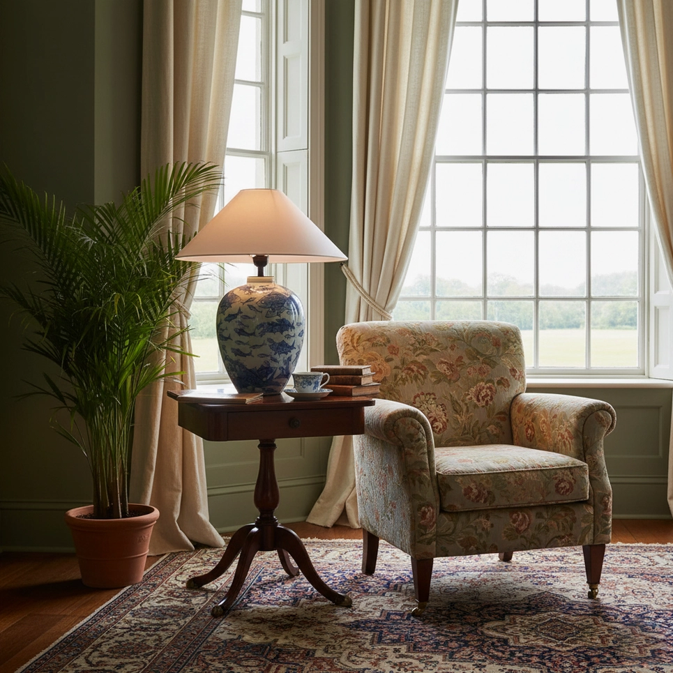 Blue and white fish-patterned ceramic table lamp in sunlit classic sitting room, positioned on dark wood side table with plants and armchair