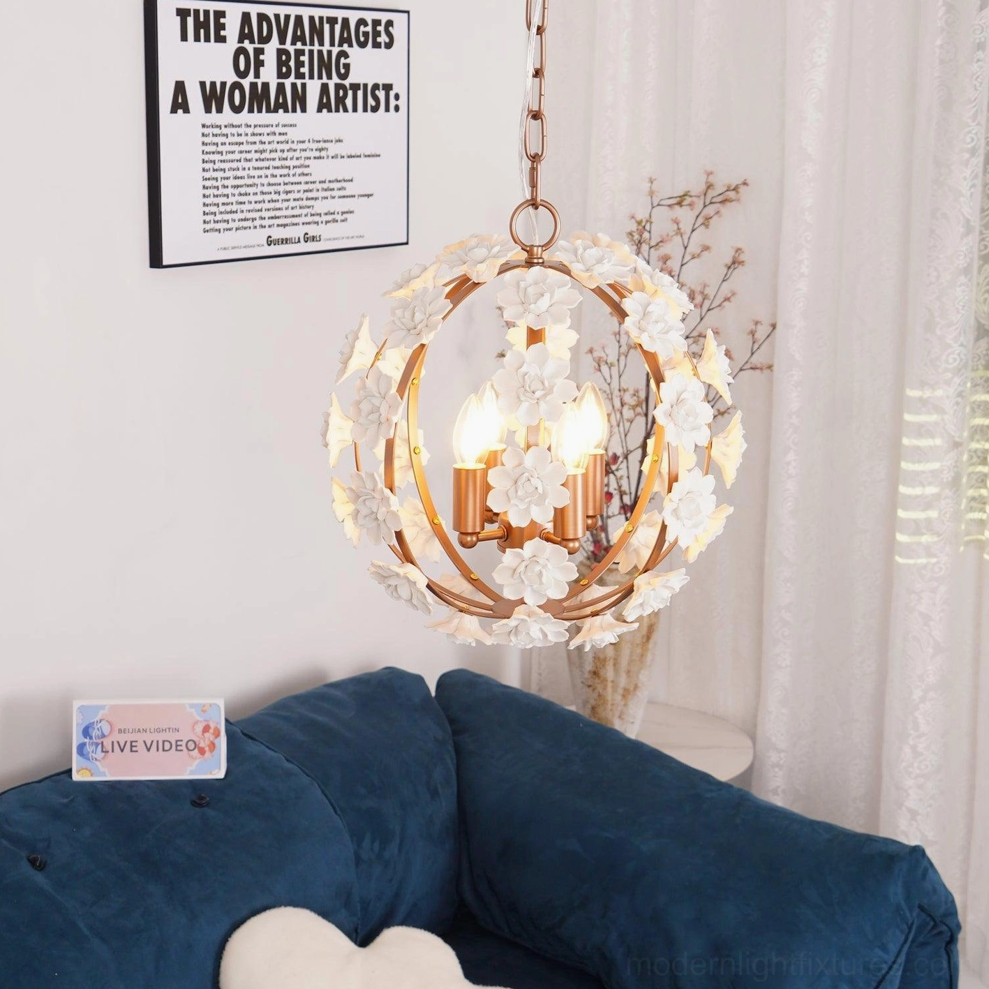 Ceramic flower globe pendant light close-up showing delicate botanical floral craftsmanship