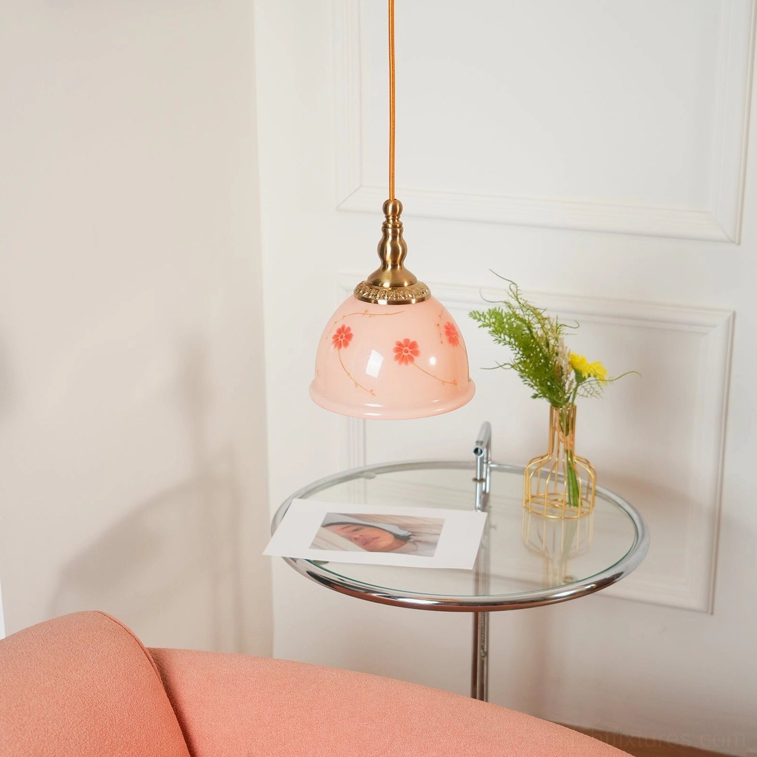 Close-up detail view of ceramic floral pendant lamp showing intricate red flower and vine hand-painted design