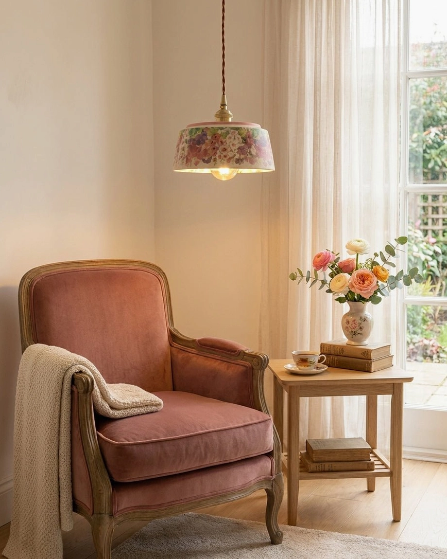 Ceramic floral pendant light in bedroom side view with french country neutral decor