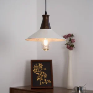 Vintage floral pendant light illuminated in modern home sideboard display scene with rustic minimalist interior styling