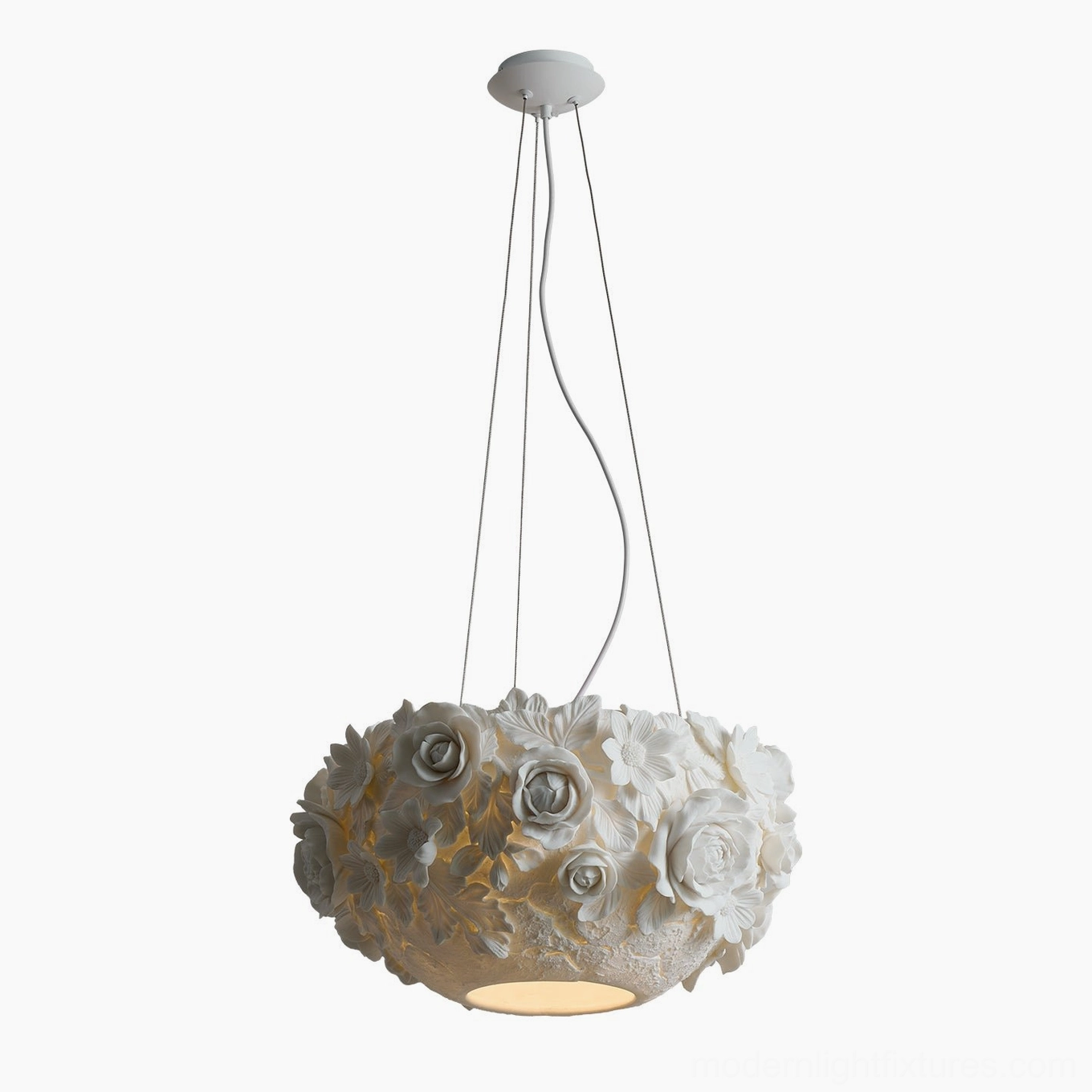 Ceramic floral pendant light main product view with sculptural white flowers, showing overall design and construction quality