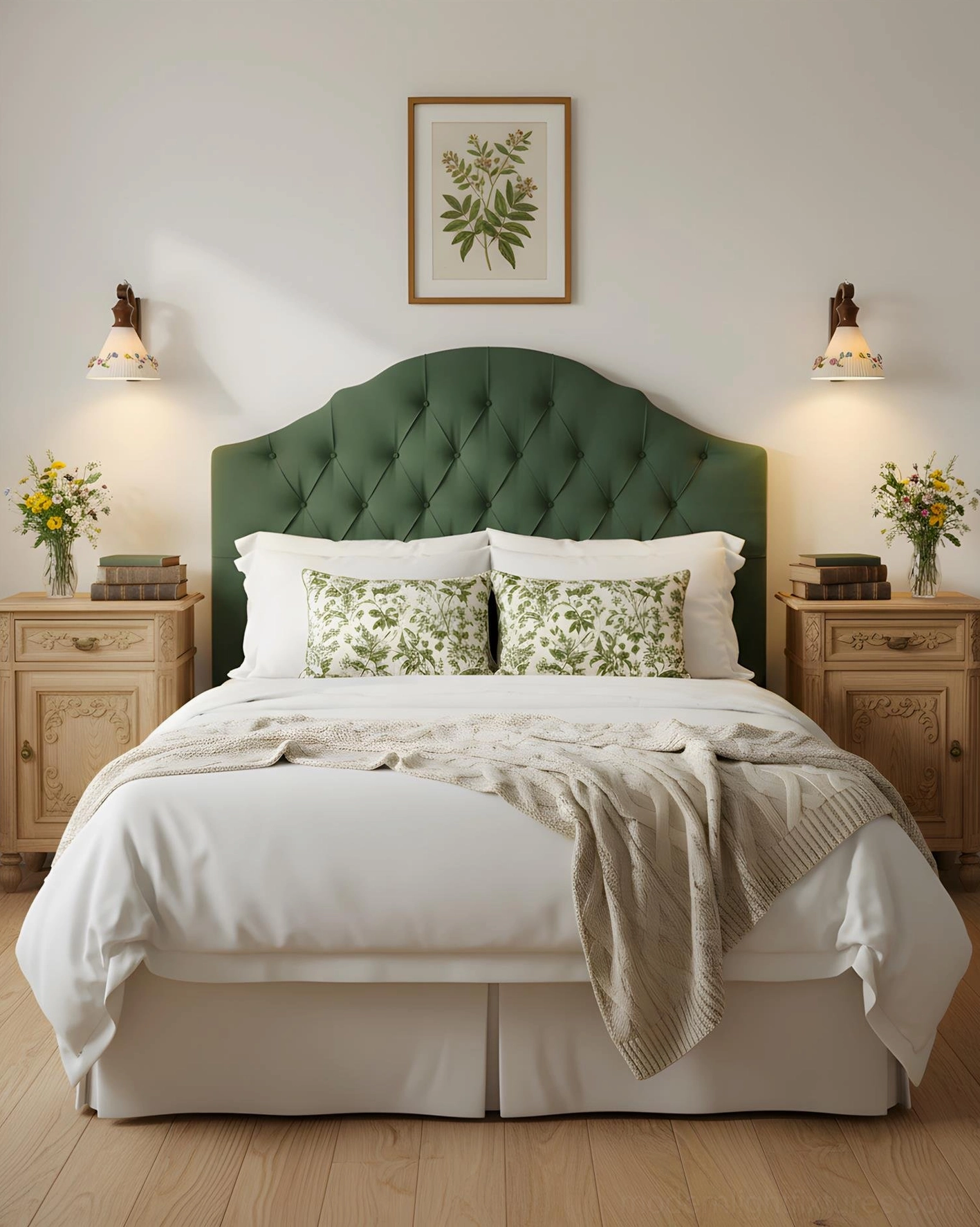 Botanical wall sconce illuminated in cozy master bedroom with tufted headboard and botanical wall art