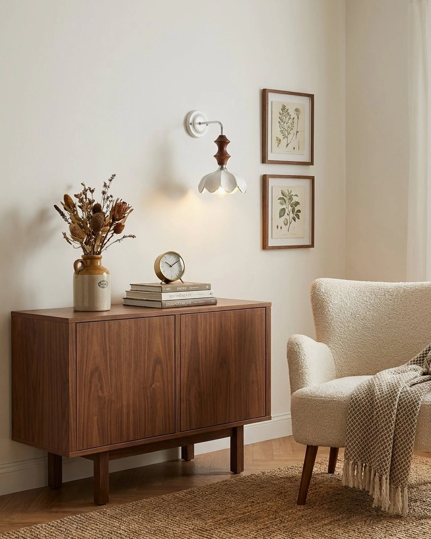 White ceramic wall sconce with warm lighting near botanical wall art and neutral home styling