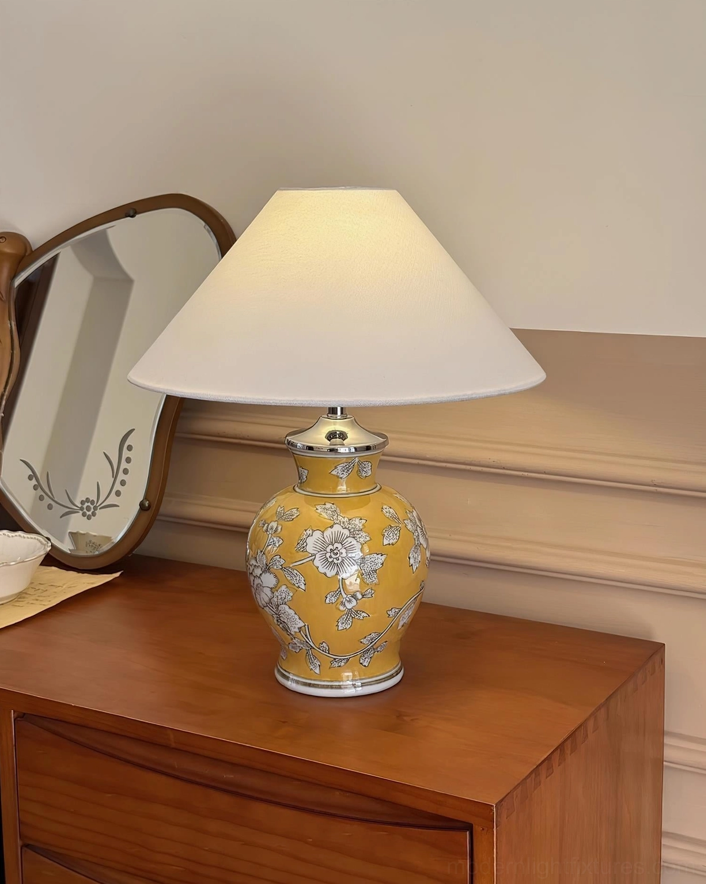 Ceramic table lamp with traditional floral pattern and fabric shade, bedroom nightstand lighting solution