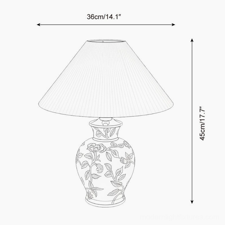Ceramic floral table lamp technical schematic showing dimensions 36cm diameter x 45cm height, design specifications