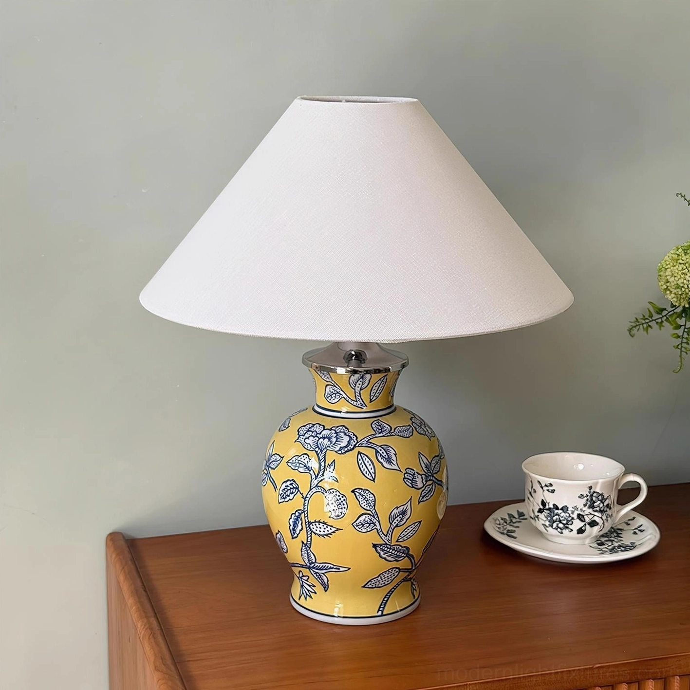 Ceramic table lamp with fabric shade, dimmer compatible and E26 E27 bulb socket for flexible lighting control