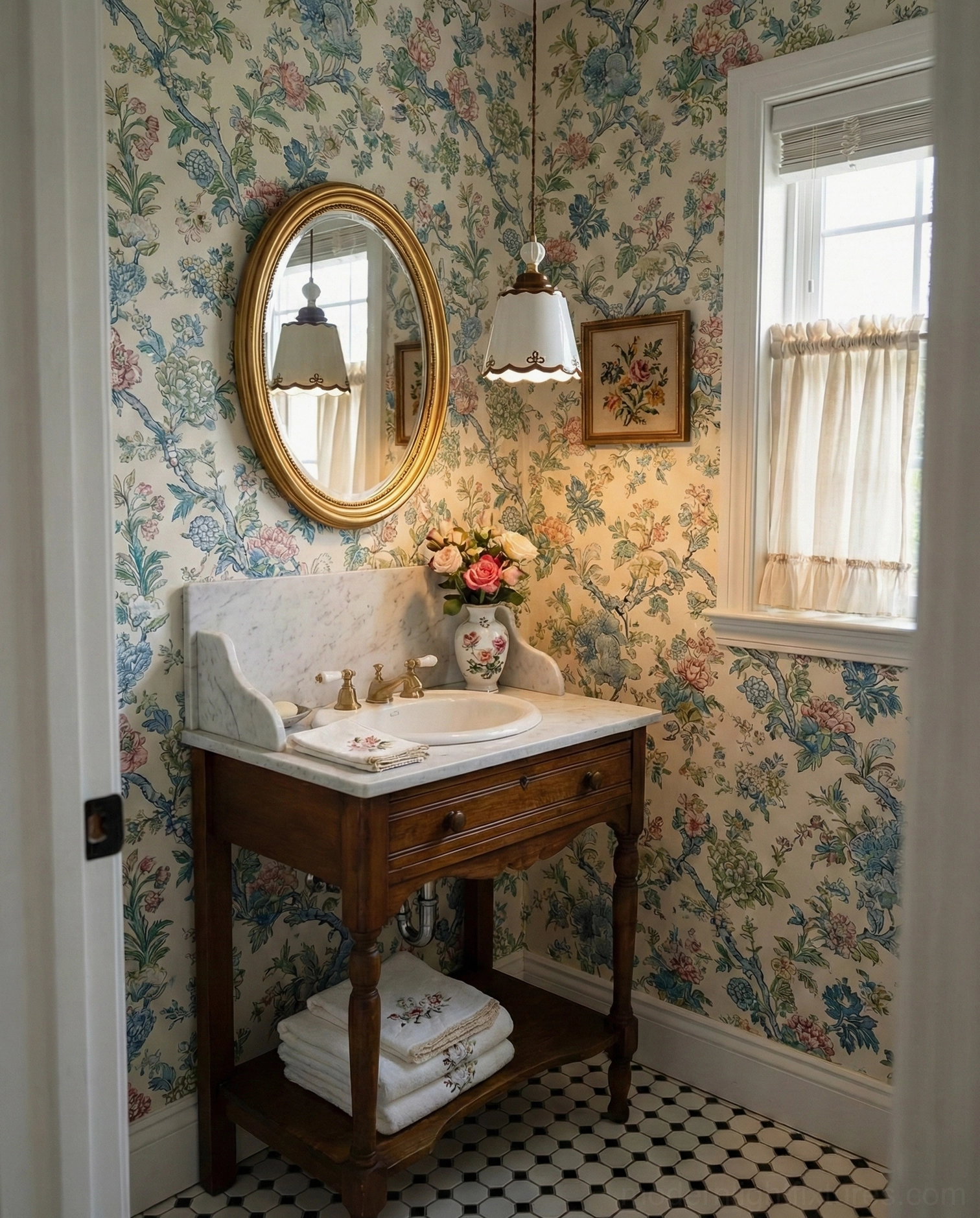 Ceramic hand-painted pendant lamp with bronze trim illuminating cozy bedroom corner with vintage furnishings