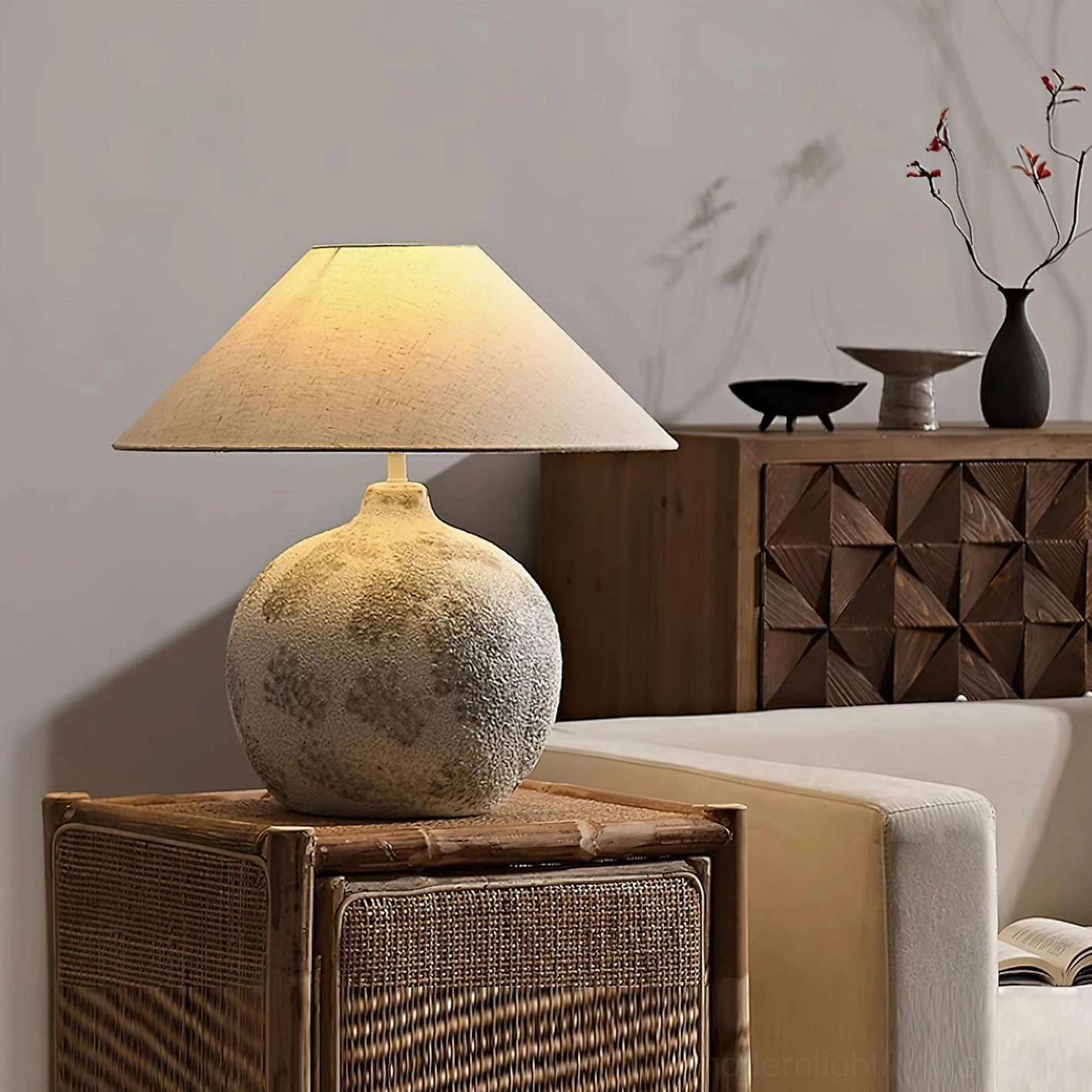 Ceramic table lamp in rustic wabi-sabi aesthetic interior scene with organic texture and neutral tone home decor styling