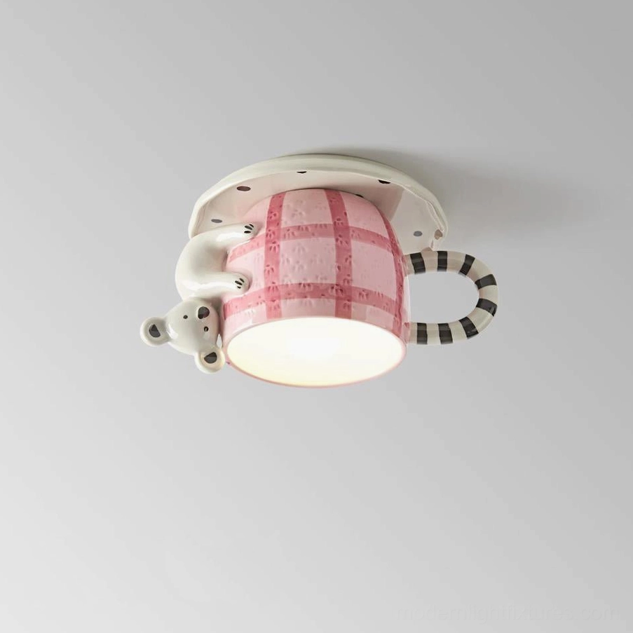 Whimsical ceramic mug flush mount light interior design room setting