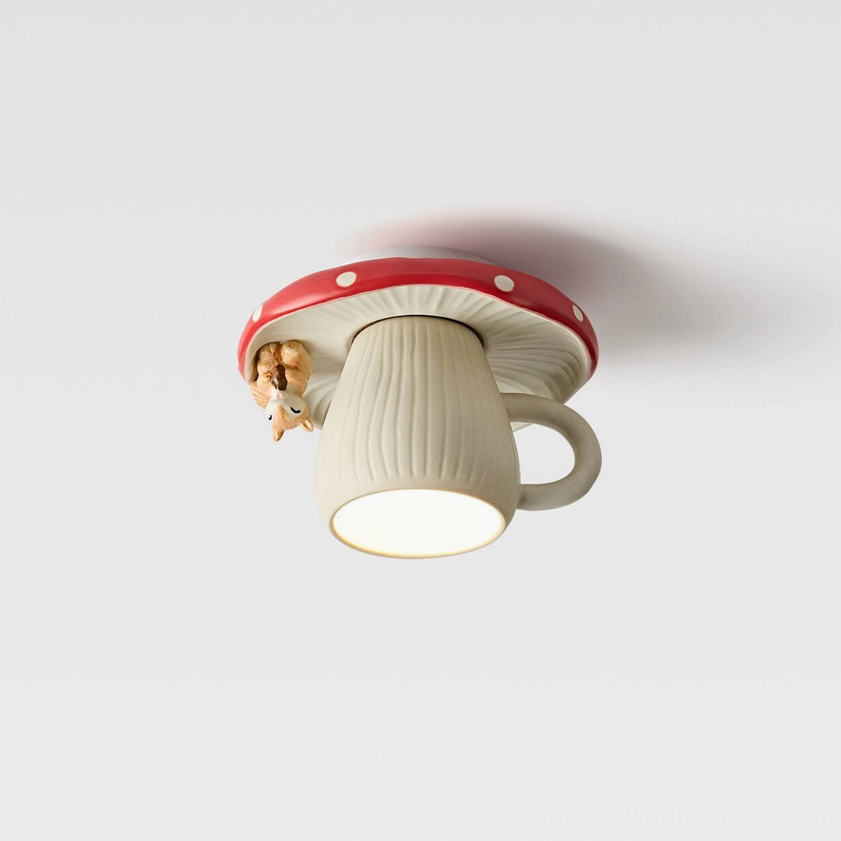 Ceramic mushroom squirrel mug flush mount light fixture detail and design