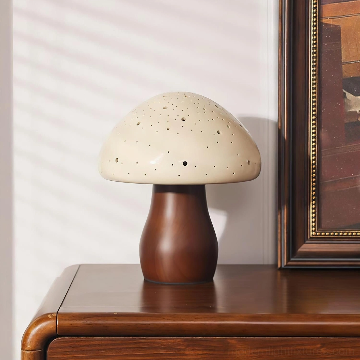 Mushroom table lamp sculptural form with perforated ceramic shade and wooden base - product detail