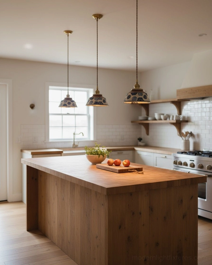 Hand-painted ceramic pendant light with brass canopy and twisted fabric cord hardware detail