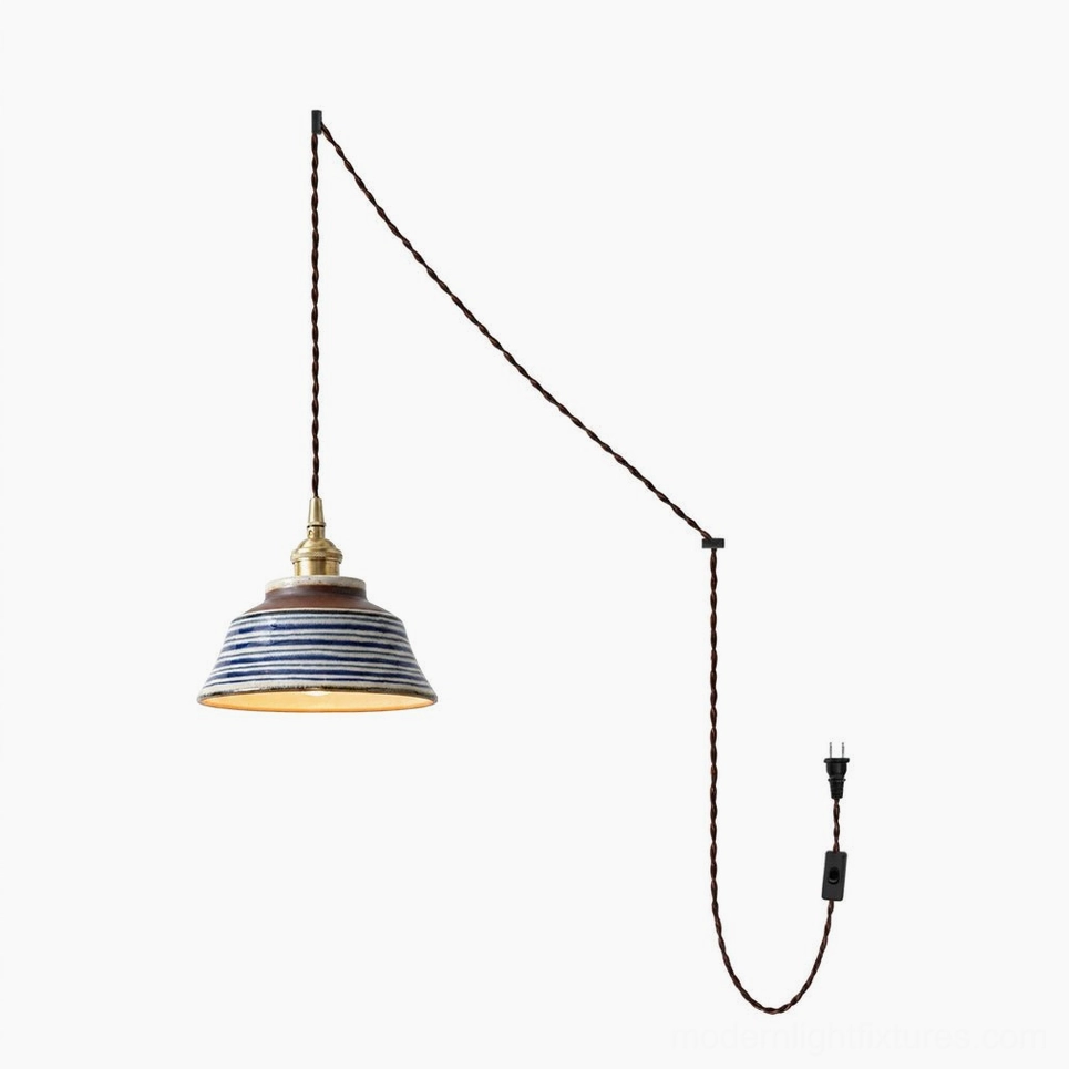 Kikyo hand-painted ceramic pendant lamp with twisted braided cord, inline rocker switch, and standard plug configuration