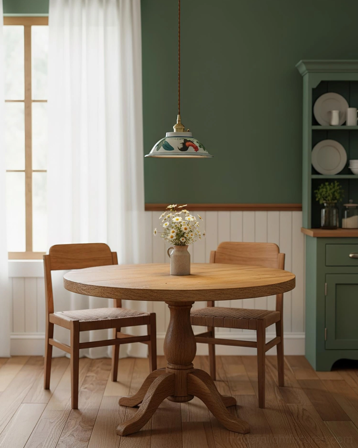 Single ceramic pendant light hanging above a round wooden dining table in a farmhouse dining nook with sage green accent wall