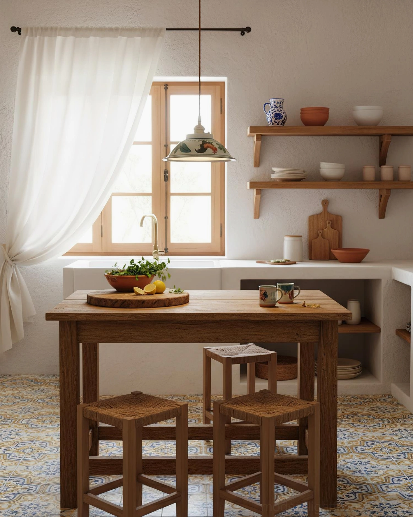 Single ceramic pendant light in a cottage kitchen dining area with wooden dining table and open wall shelving for farmhouse ambiance