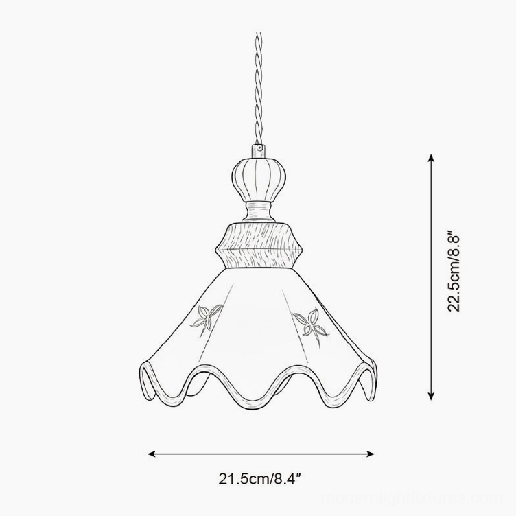 Line drawing of ceramic pendant lamp with wavy scalloped edge and decorative leaf print details, Model C specifications