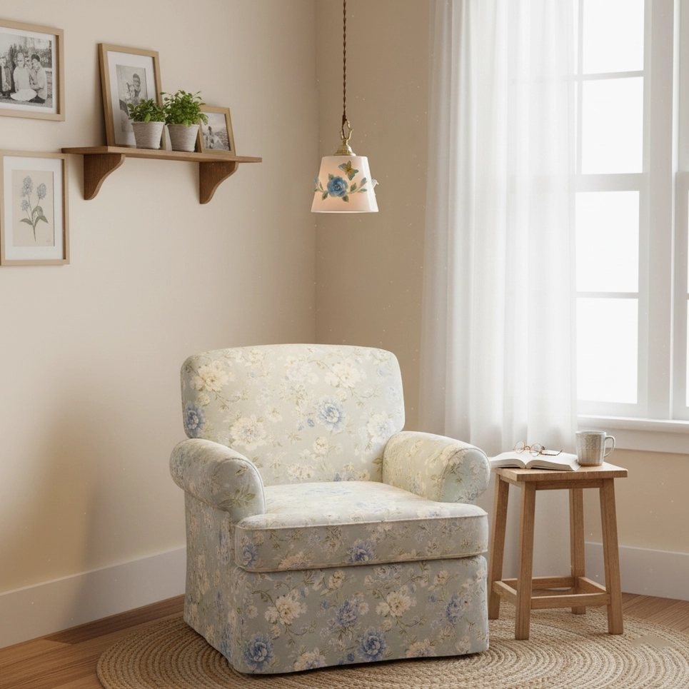 Single handpainted ceramic pendant lamp suspended in bright window reading nook with floral armchair and wooden side table, natural light botanical design