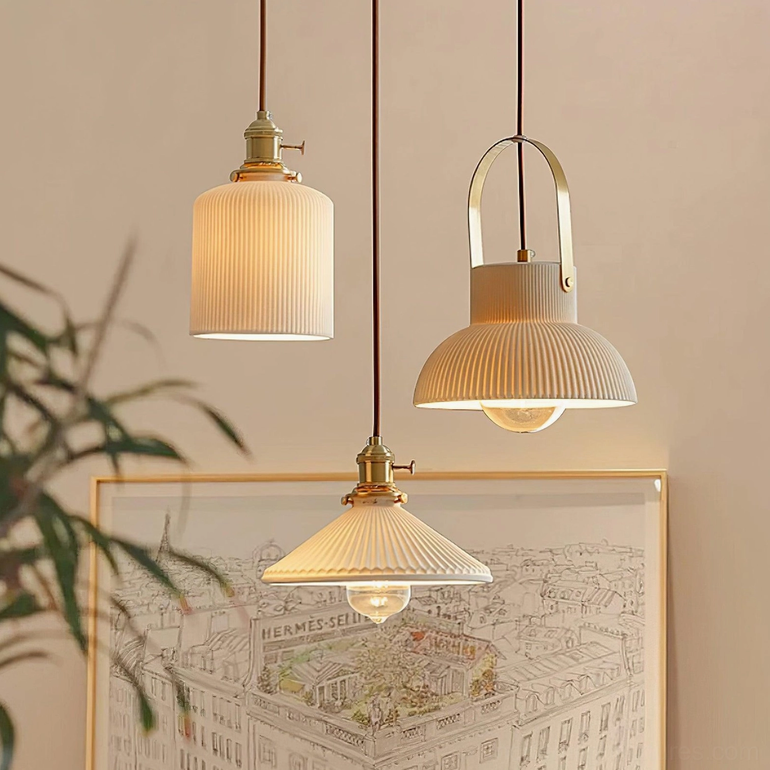 Ceramic pendant light with brass hardware in Scandinavian minimalist interior design