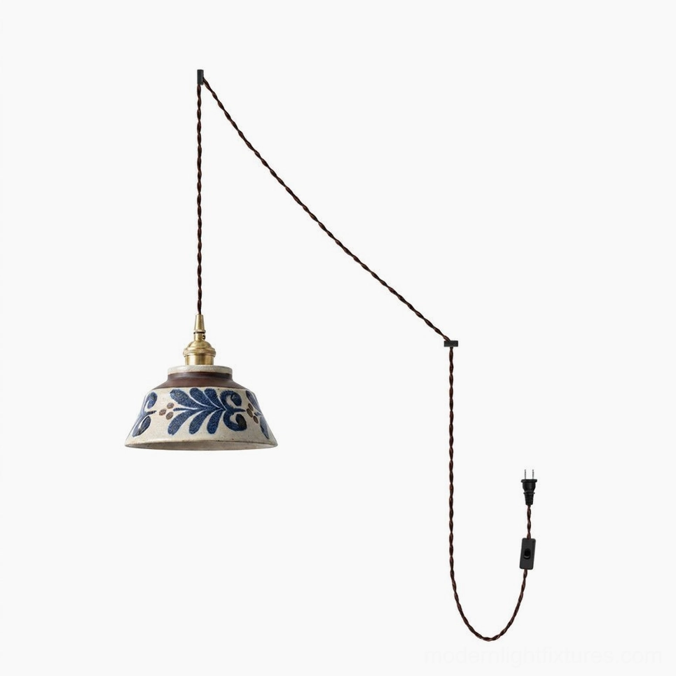 Hand-painted indigo ceramic pendant shade diameter and height dimensions shown with measurement scale and brass socket detail