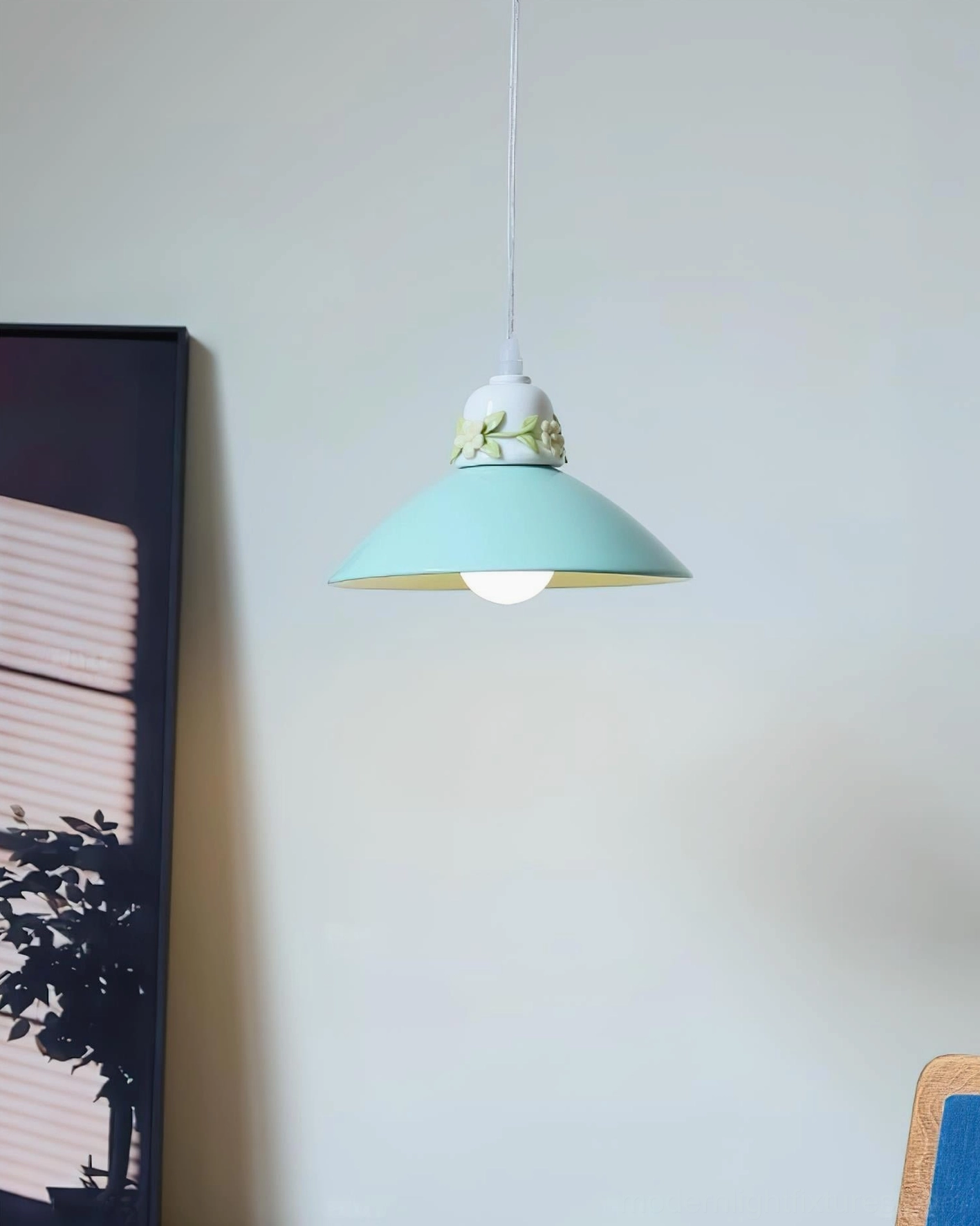 Hand-painted ceramic pendant light color comparison, white milk green mint sky blue ceramic shades side by side