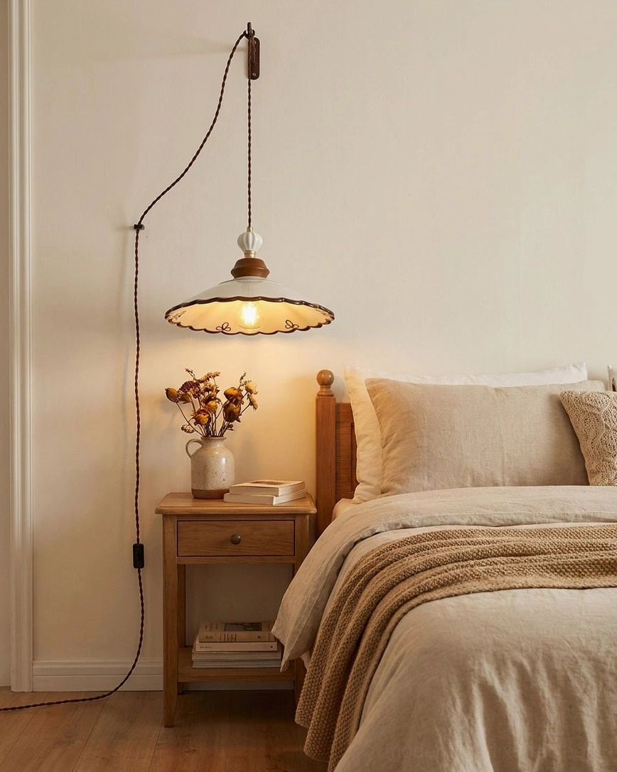Hand-painted ceramic pendant light hung at bedside in warm bedroom setting with rustic neutral decor and glowing ambient light