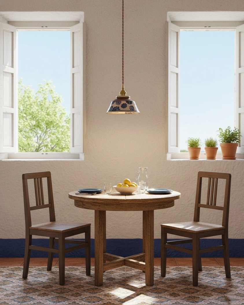 Ceramic pendant light paired beside bedroom mirror and vanity lighting setup