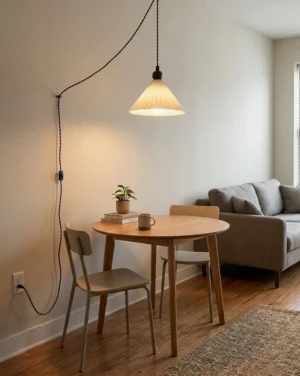 Plug-in pleated ceramic pendant light with beige glaze hanging in dining nook, casting warm ambient light over intimate table setting