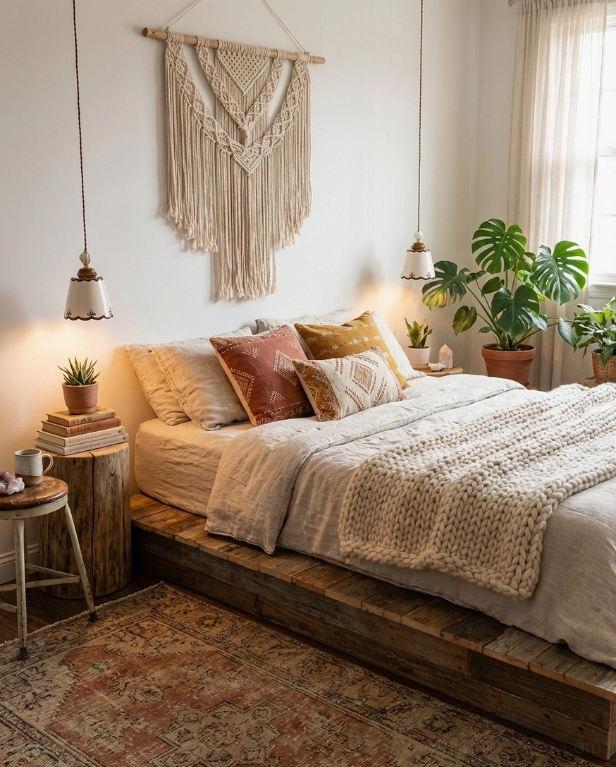 Vintage ceramic pendant lamp hanging in cozy boho bedroom above bedside with macramé wall hanging