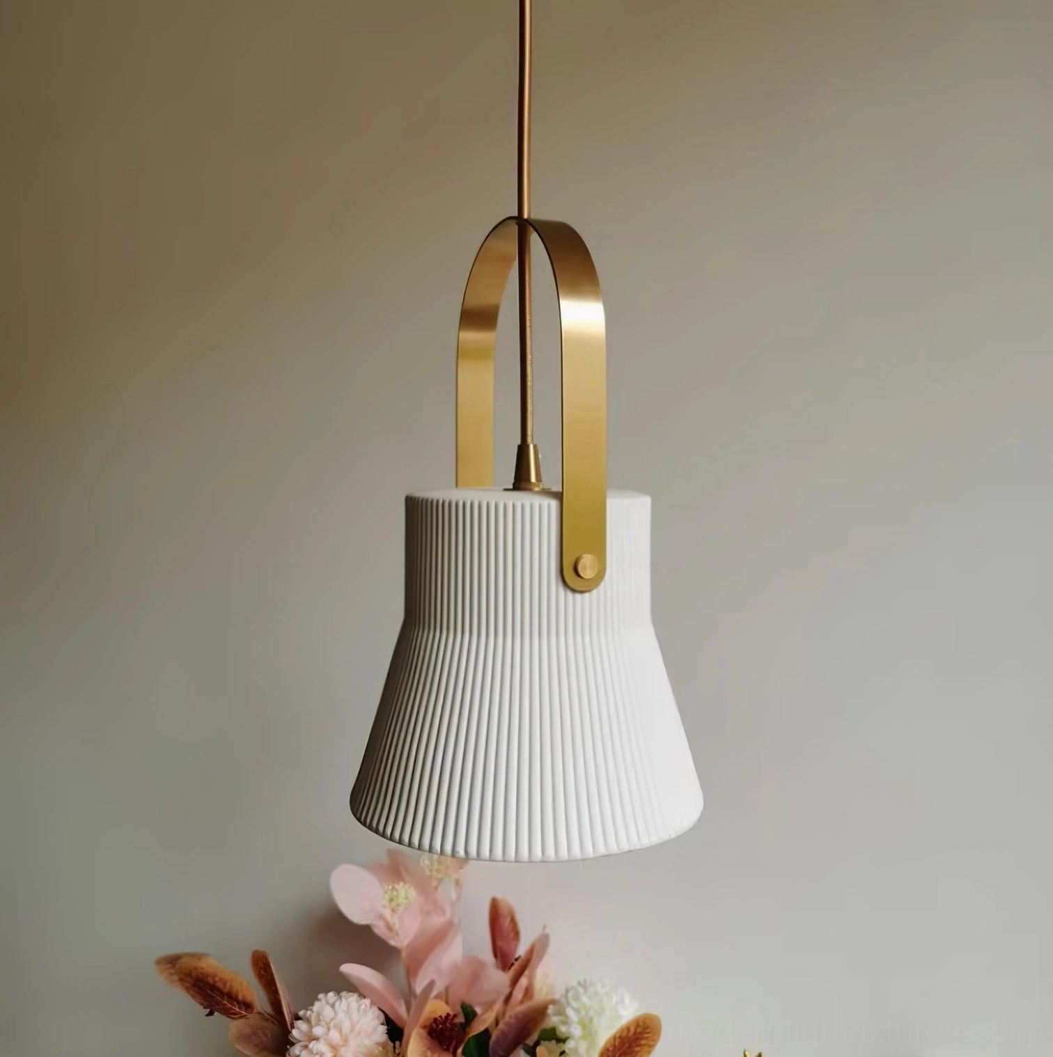 Ceramic pendant light with brass fitting detail shot of hardware quality