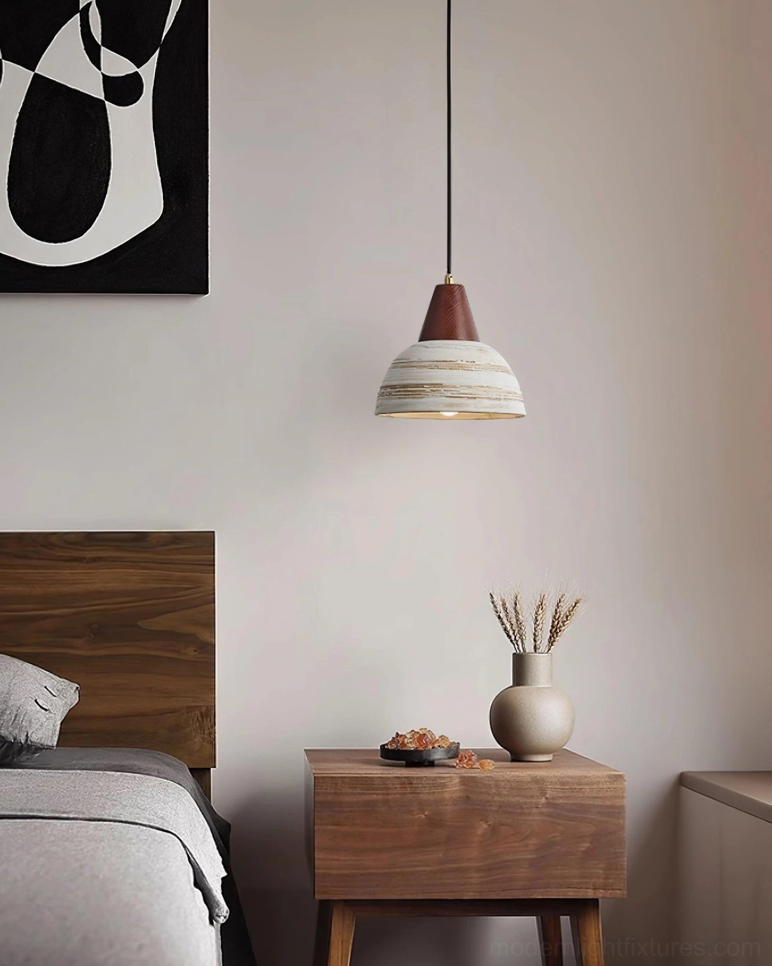 Ceramic pendant light fixture hardware and brass components with wood top assembly