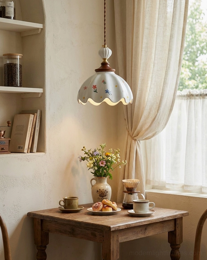 Eye-level view of hand-painted ceramic pendant above breakfast nook wooden table with morning meal setup, natural sunlight and warm ambience