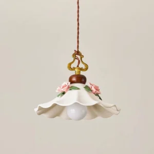 Ceramic pendant light with exposed E27 bulb and brown braided fabric cord, vintage style lighting fixture