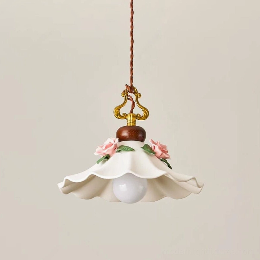 Ceramic pendant light with exposed E27 bulb and brown braided fabric cord, vintage style lighting fixture