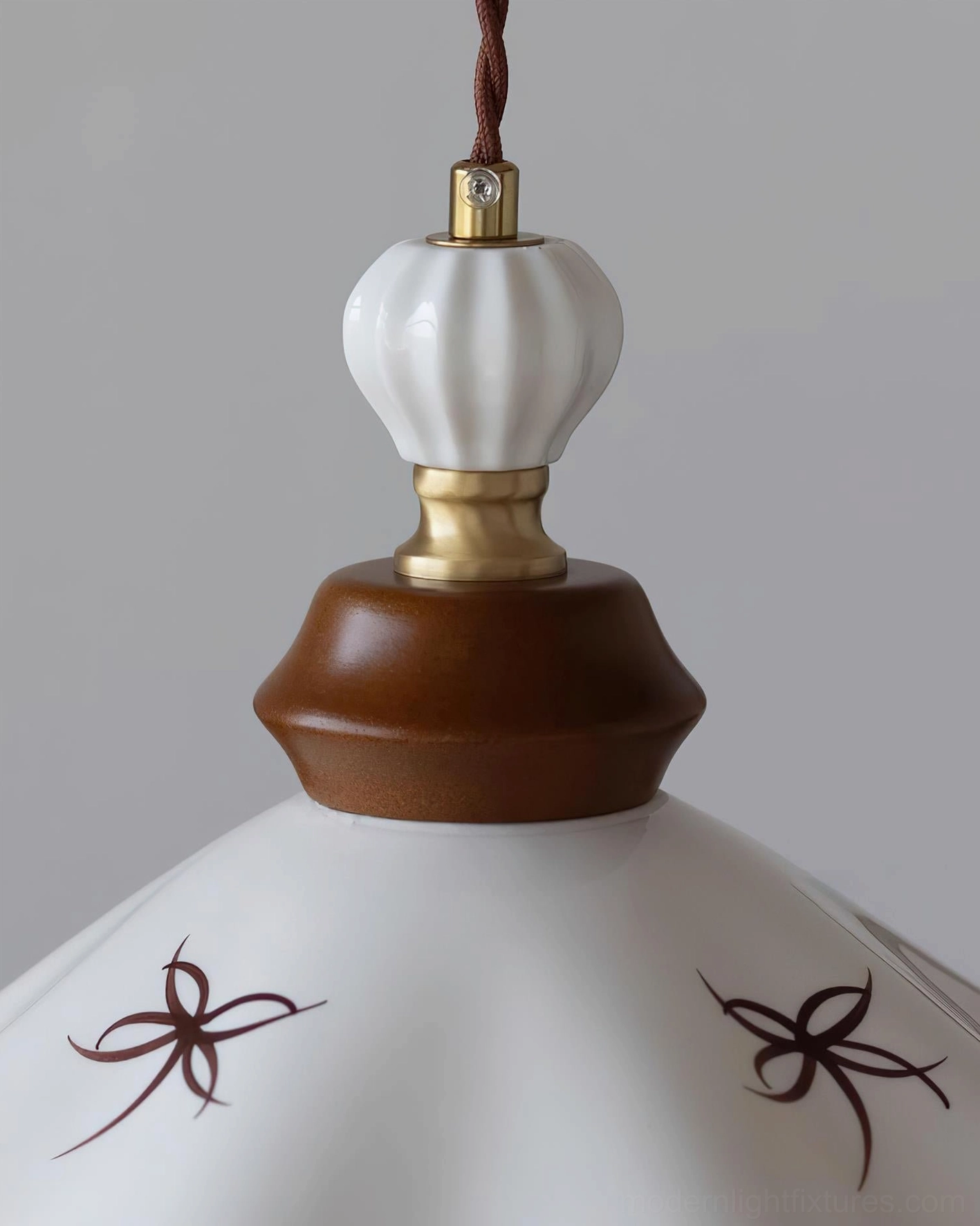 Ceramic scalloped pendant light showing full fixture design with brown and white color option and brass components