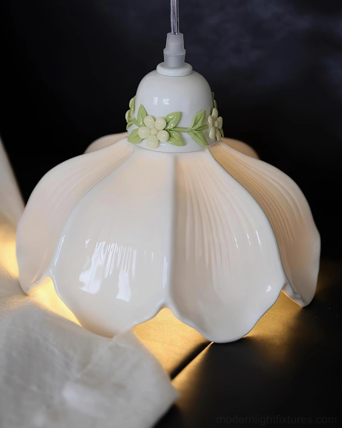 Hand-painted ceramic petal pendant light in cottage farmhouse interior style, rustic botanical aesthetic home design