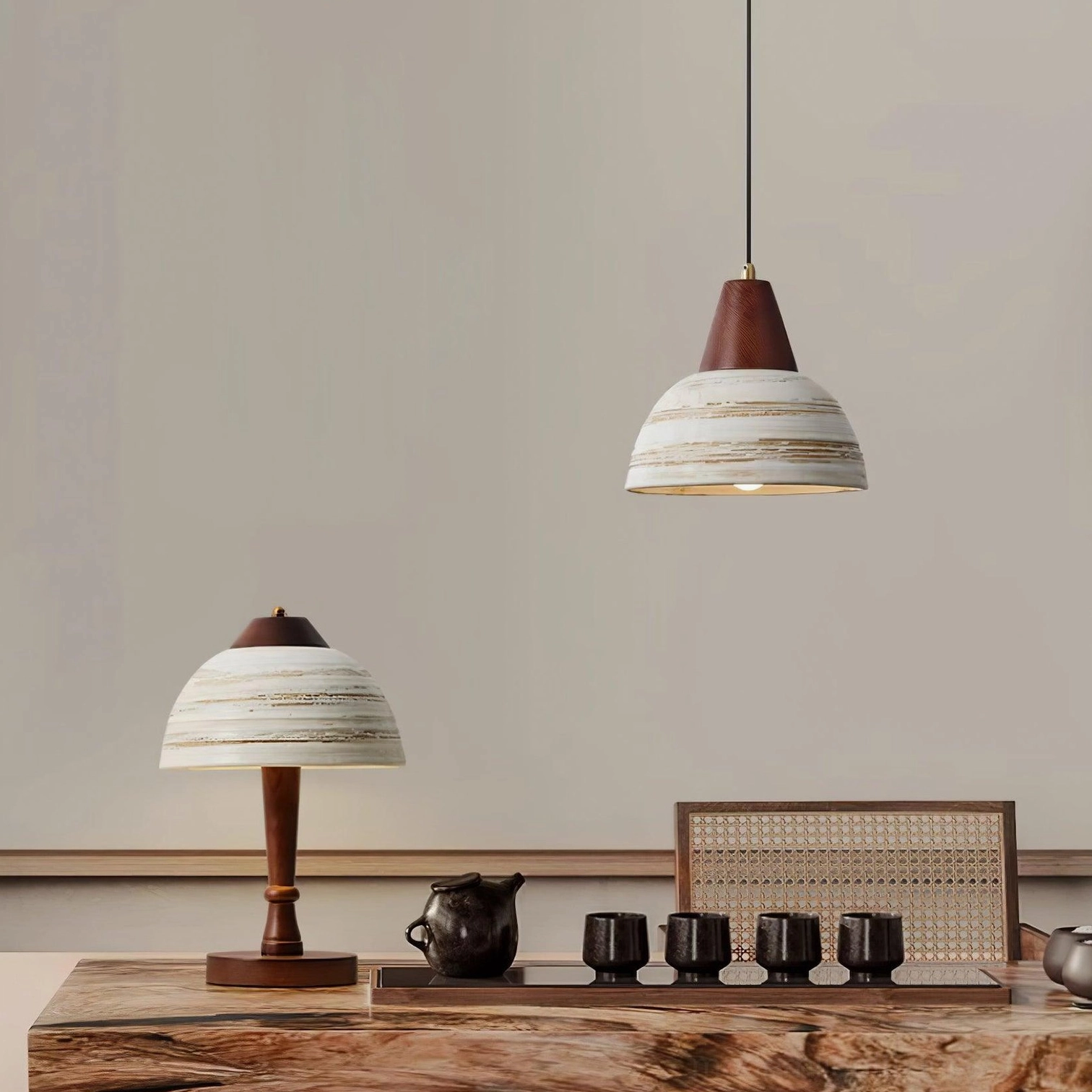 Modern ceramic pendant light with distressed white shade and natural wood top - design detail