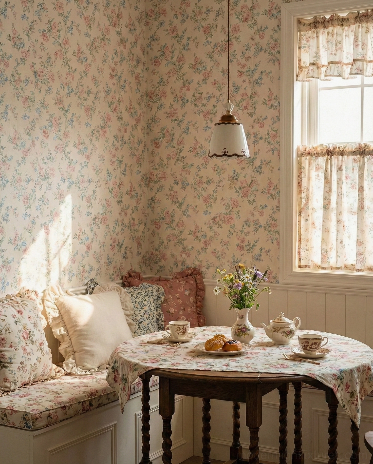 Ceramic pendant light suspended above round wooden dining table in floral wallpapered cottage nook