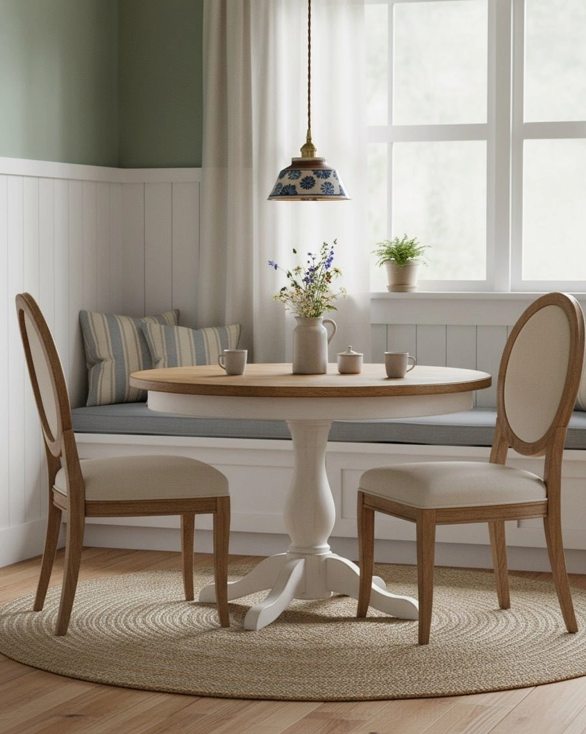 Ceramic pendant light hanging above farmhouse dining table with round table setting and home decor