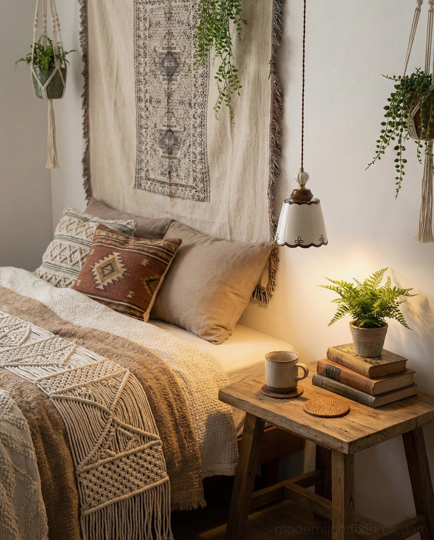 Ceramic pendant light in warm farmhouse bedroom beside wooden nightstand with layered textiles and rustic decor