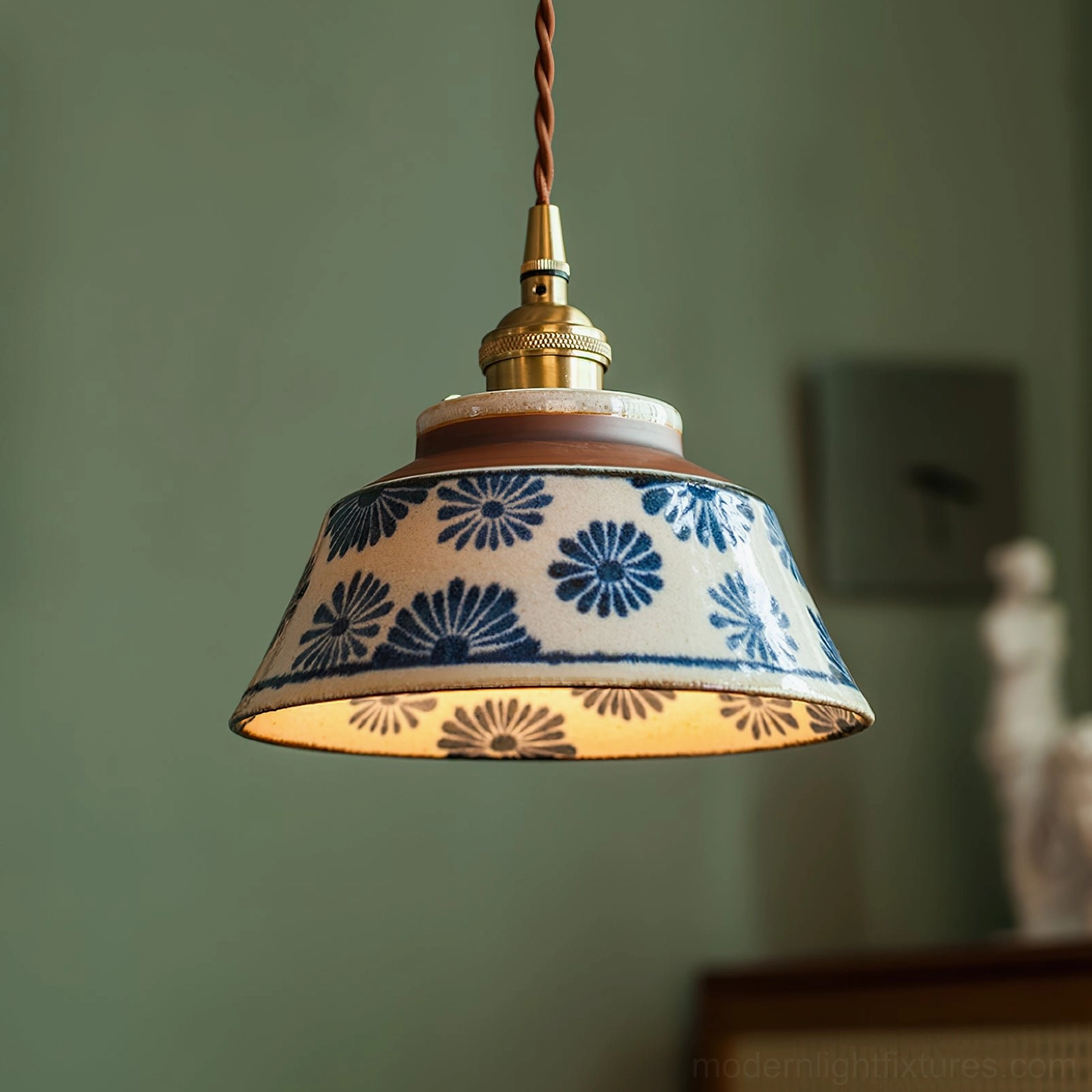 Full installation view of ceramic pendant light with canopy and complete hanging assembly