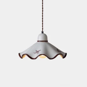 Hand-painted ceramic pendant light with wavy rim and floral brown accents, front view on white background