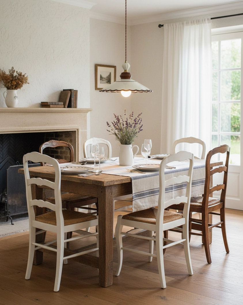 Installed ceramic pendant light in French country dining room, creating warm ambient lighting over dining table