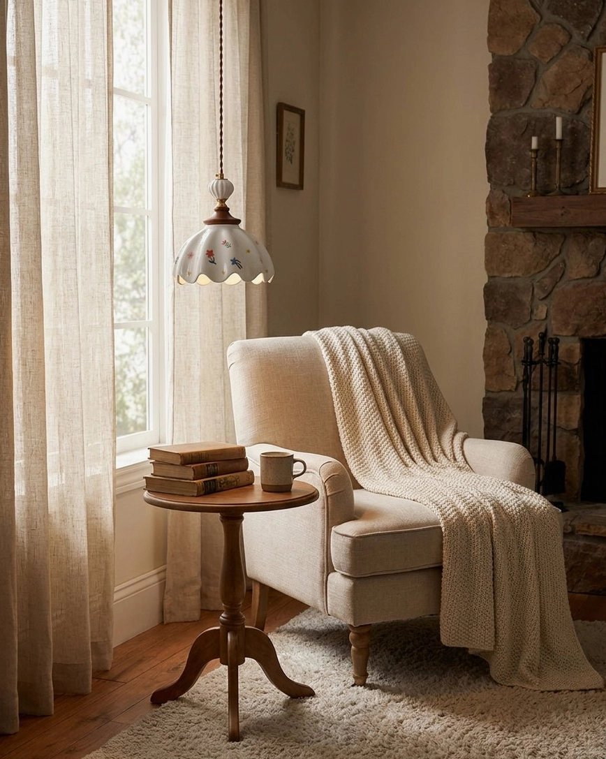 Ceramic pendant light in living room fireplace lounge corner with linen armchair, side table, and warm ambient lighting atmosphere
