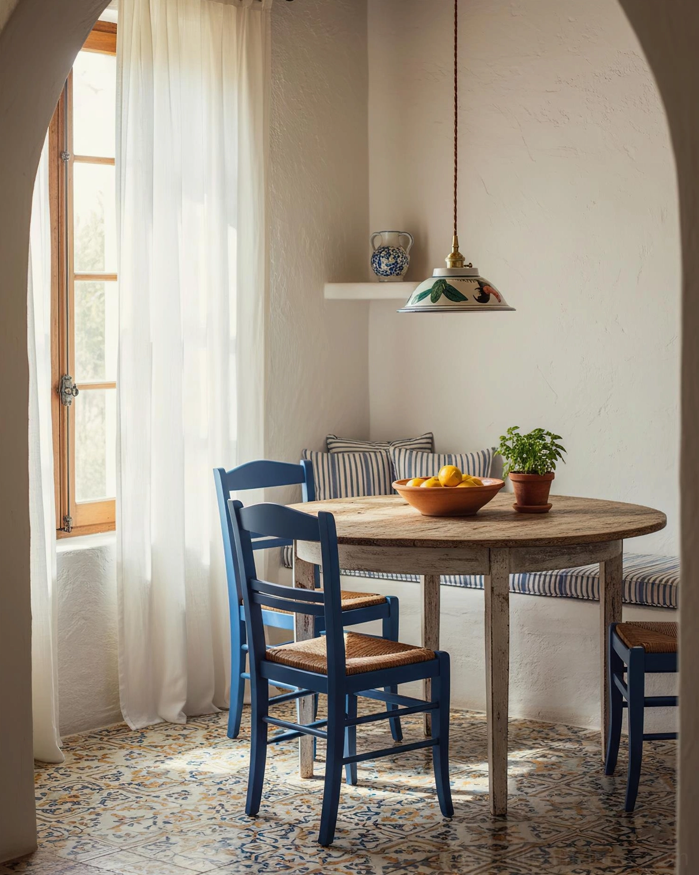 Single ceramic pendant light with hand-painted design hanging above a round dining table in a Mediterranean-style dining area with blue patterned tiles