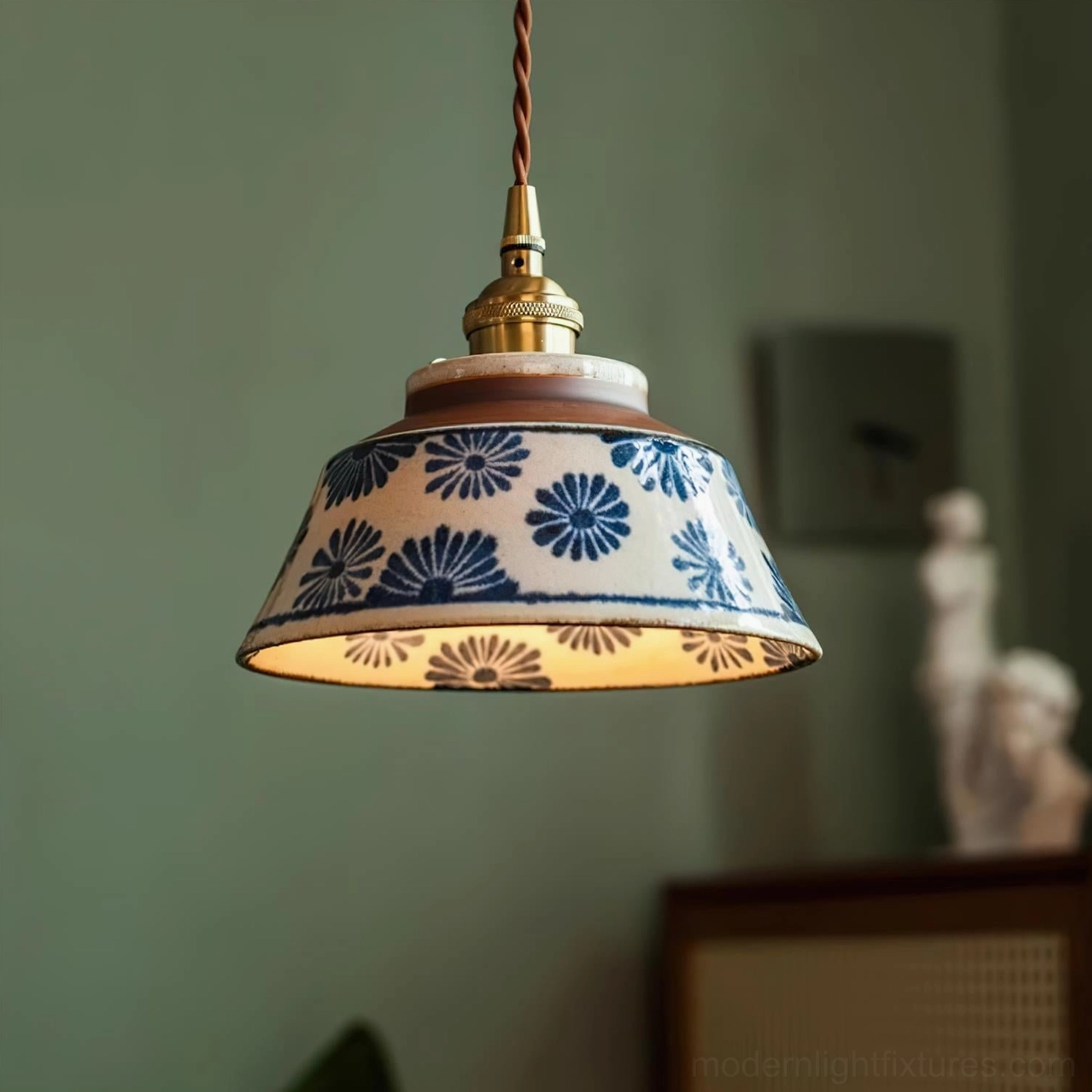 Indoor dining setup with ceramic pendant light and natural materials coordination