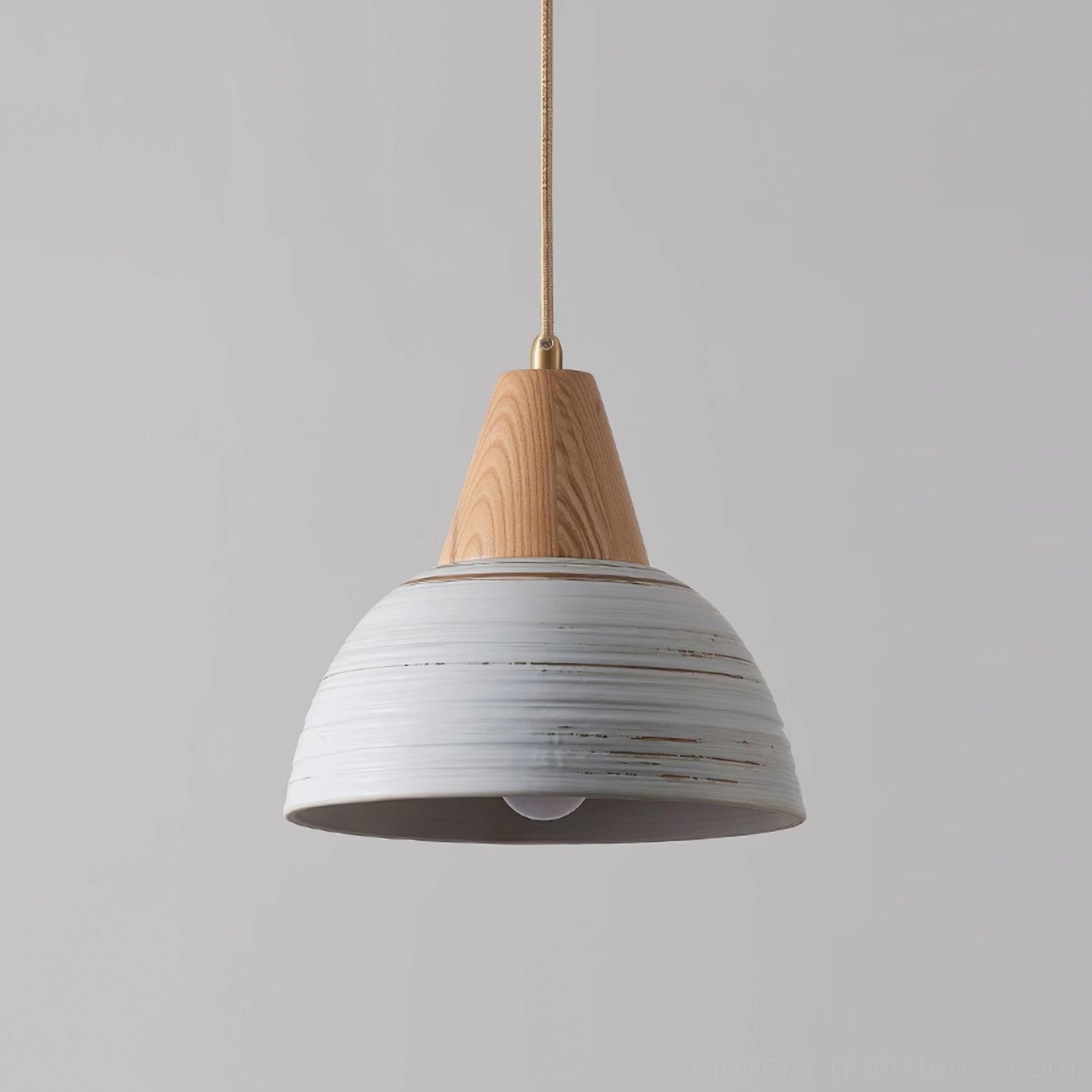 Ceramic pendant light with natural wood top and distressed white ceramic shade