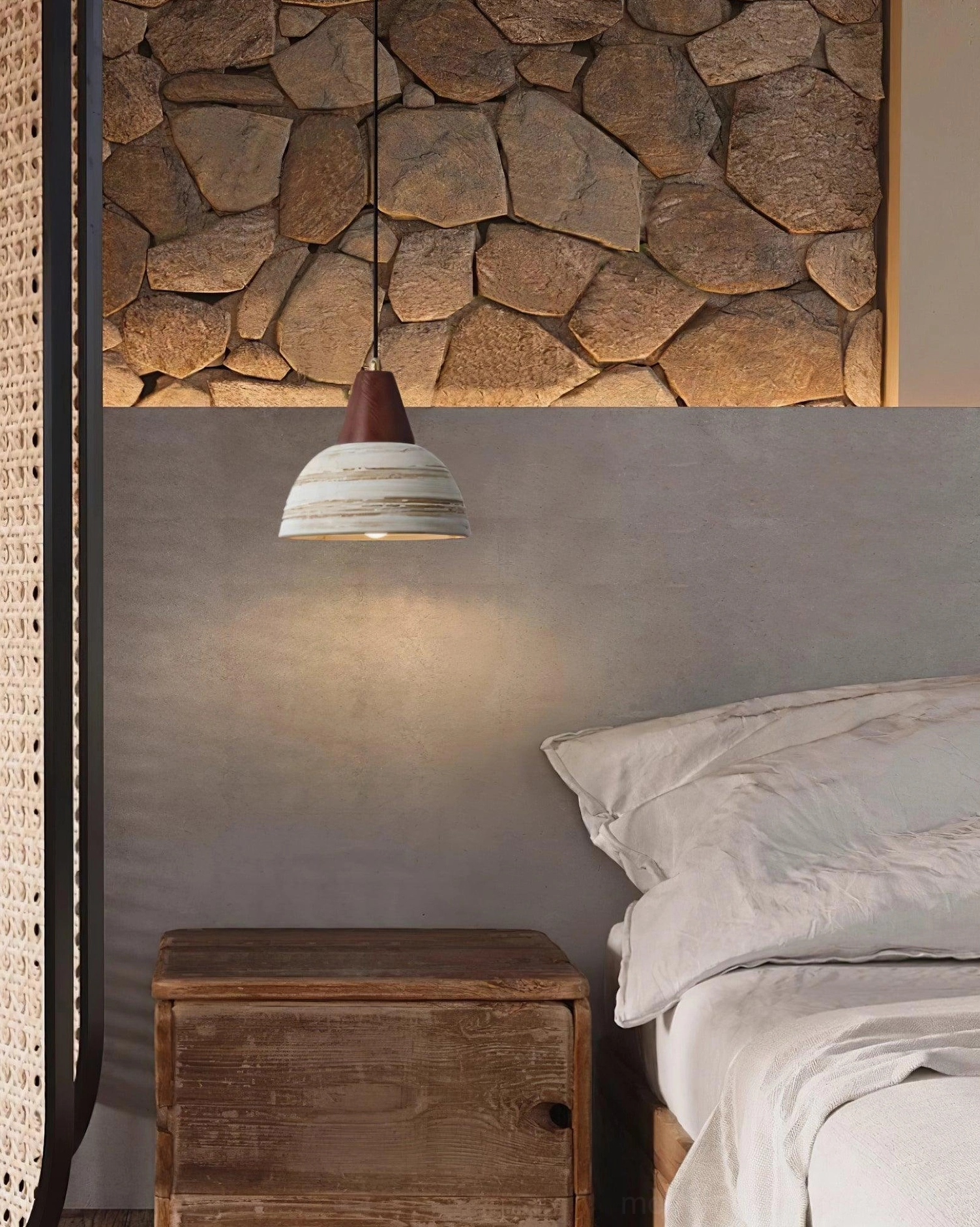 Ceramic pendant light with natural wood finish - minimalist modern rustic hanging fixture