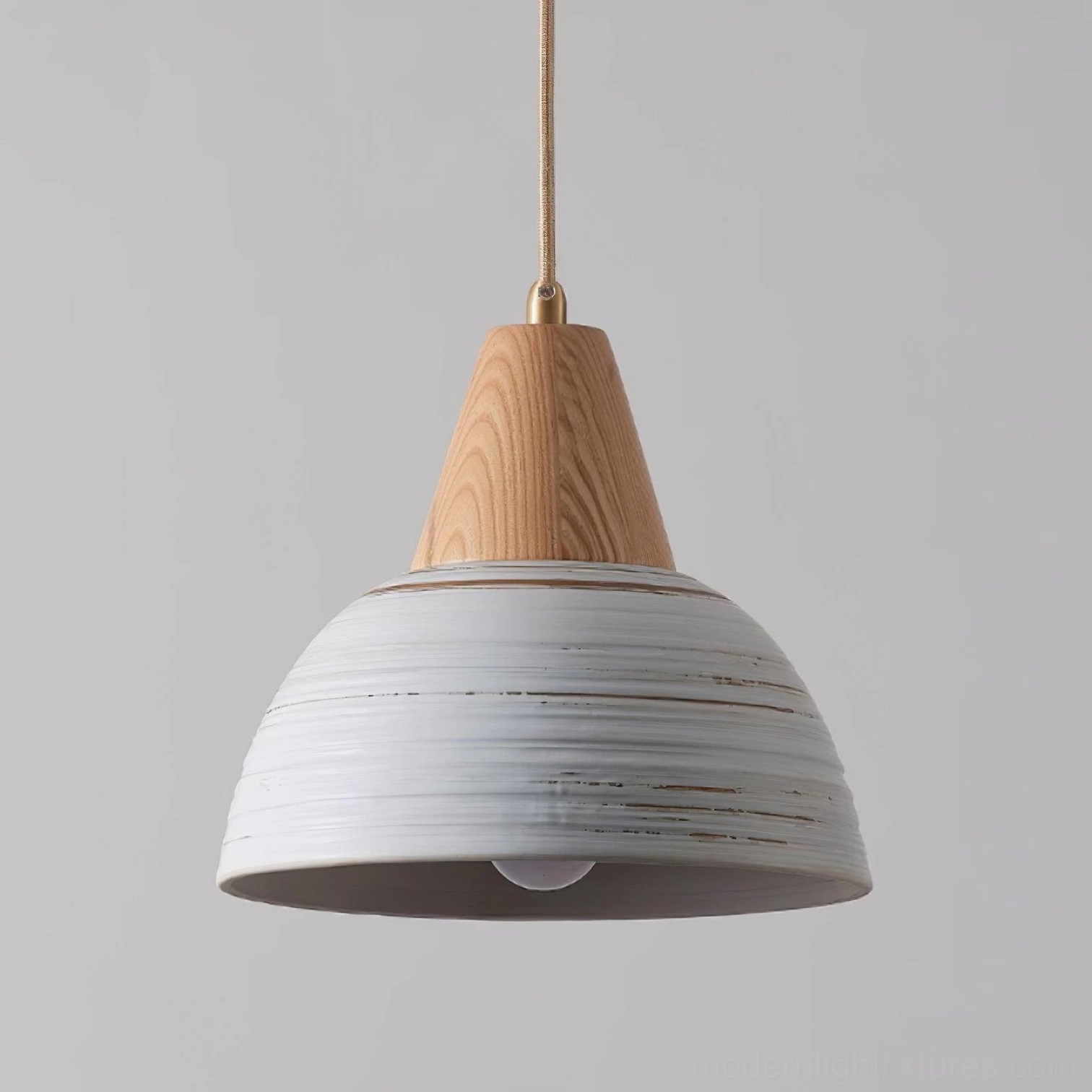 Handcrafted ceramic pendant fixture with light natural wood top and plain white striped shade